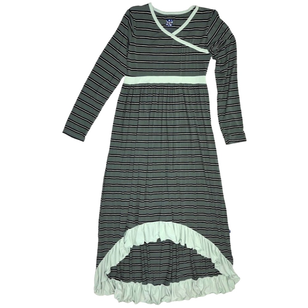 KicKee Pants Girls 14 16 Long Sleeve Bamboo Dress Green Stripe Hi Low‎ Ruffled